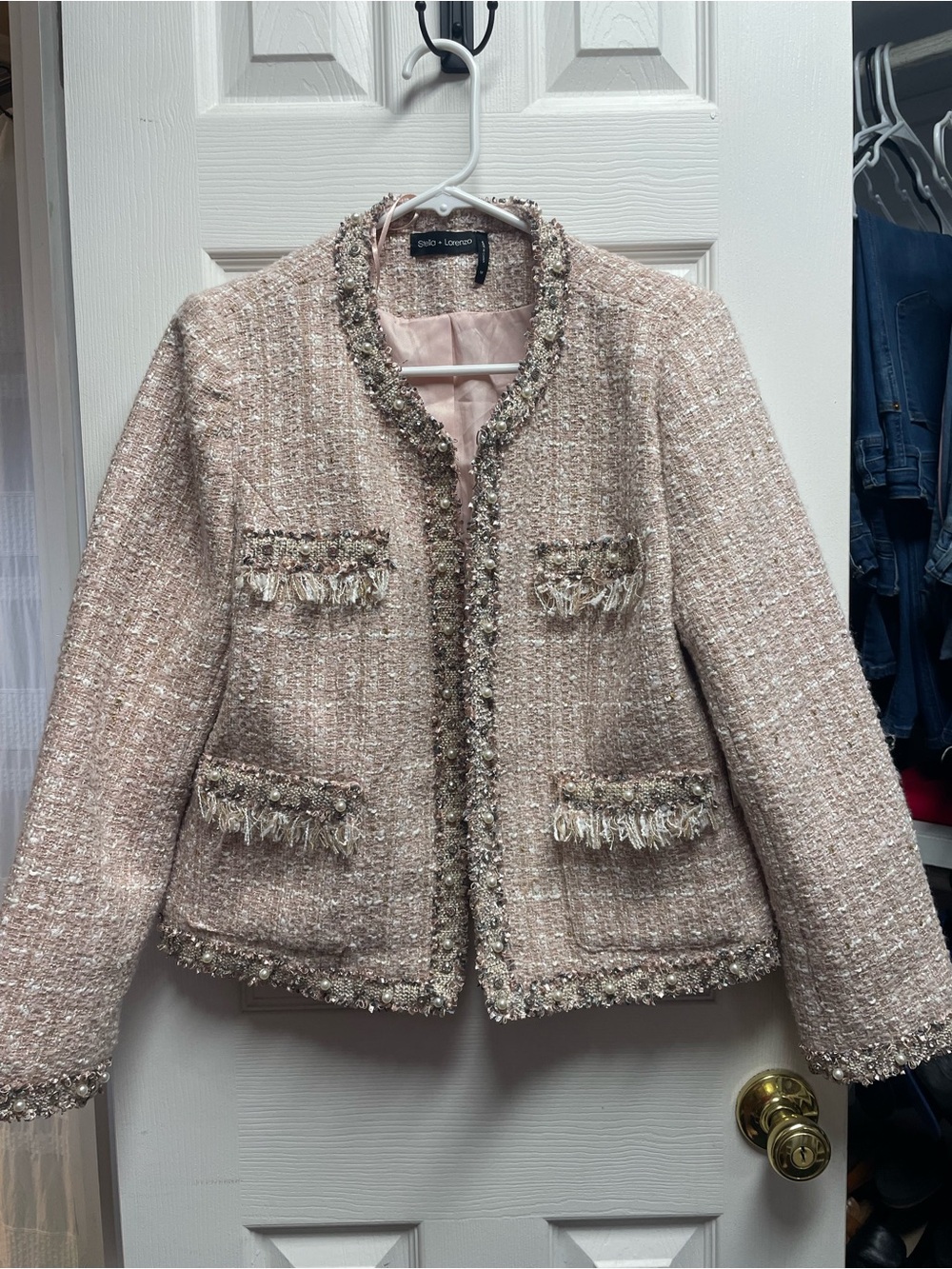Stella + Lorenzo Blush Tweed Beaded-Trim Jacket. NWT